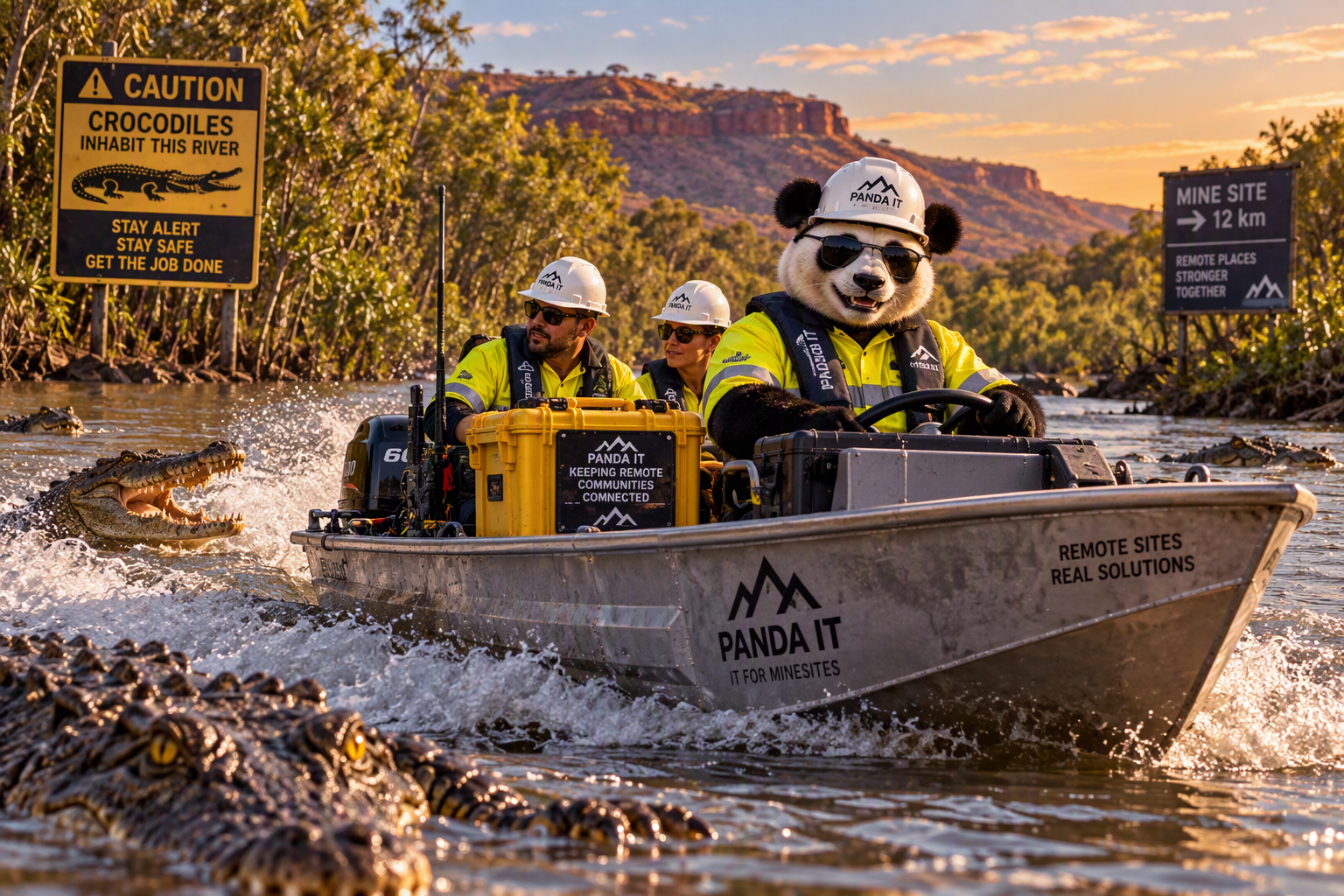 Panda IT mascot and two crew in high-vis and life jackets crossing a crocodile-infested river in an aluminium boat carrying a yellow equipment case